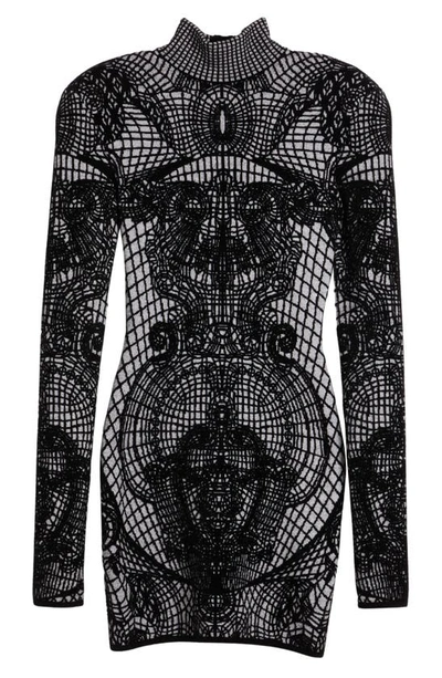 Shop Balmain Jacquard Mini Sweater Dress In Eab Eab Noir/ Blanc
