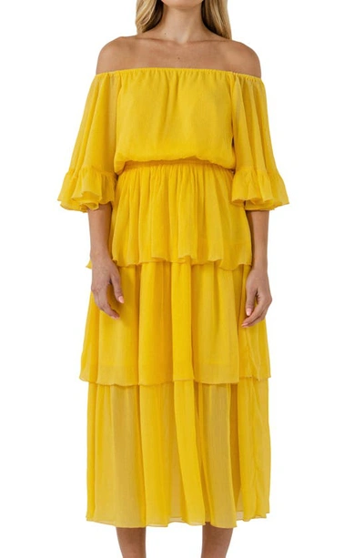 Shop Endless Rose Off The Shoulder Tiered Chiffon Dress In Yellow