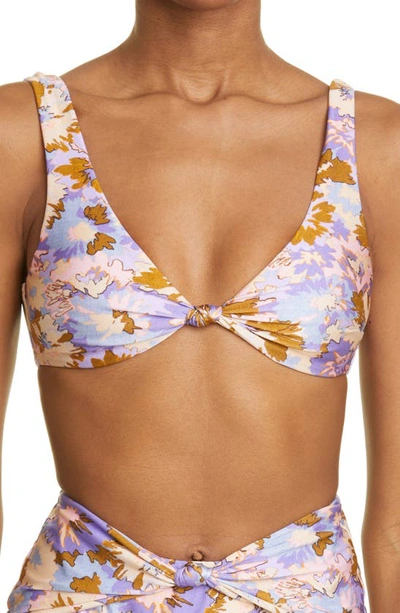 Zimmermann Floral Print Knotted Bikini Top In Purple Multi Floral