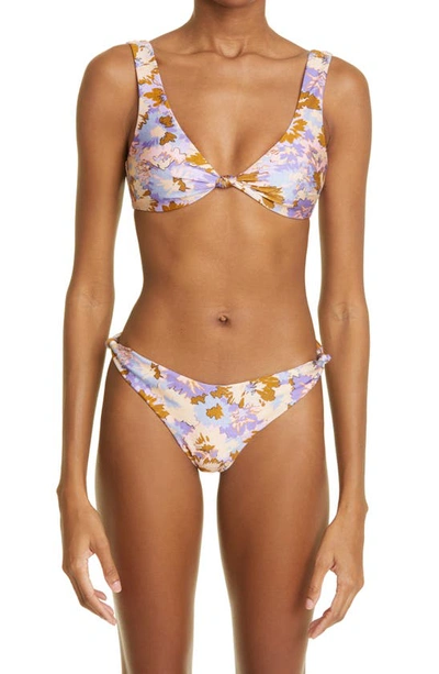 Zimmermann Floral Print Knotted Bikini Top In Purple Multi Floral