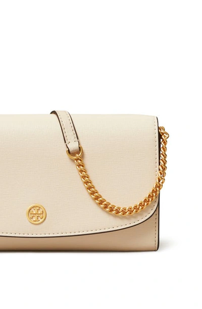 Shop Tory Burch Robinson Leather Wallet On A Chain In New Cream