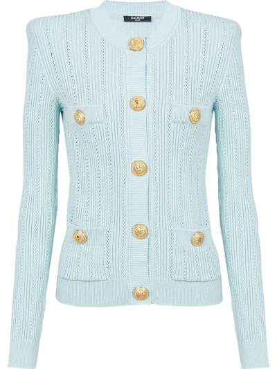 Shop Balmain Light Blue Cardigan With Button And Padded Shoulders