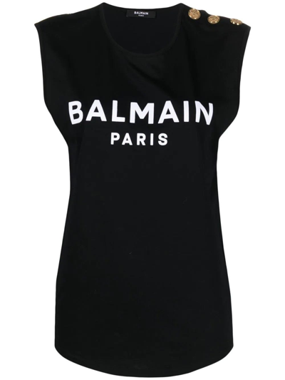 Shop Balmain White Logo Print Black Sleeveless Top In Nero