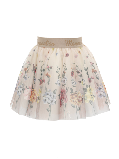 Shop Monnalisa Floral Tulle Skirt With Logo In Ecru + Light Grey