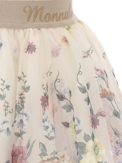 Shop Monnalisa Floral Tulle Skirt With Logo In Ecru + Light Grey