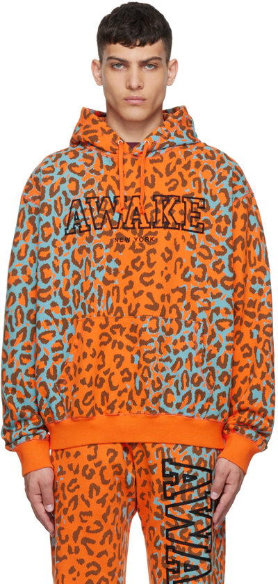 Shop Awake Ny Orange Cotton Hoodie In Printed Leopard
