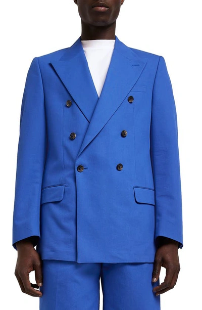 Shop River Island Double Breasted Suit Jacket In Bright Blue