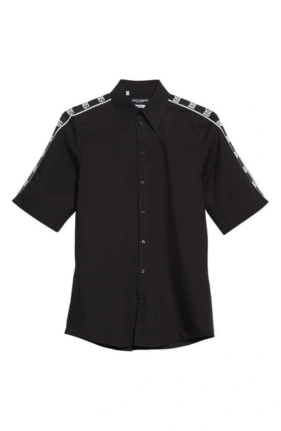 Shop Dolce & Gabbana Martini Fit Logo Tape Short Sleeve Button-up Shirt In Black