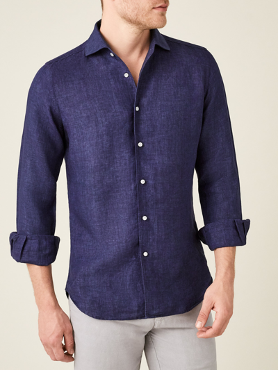 Shop Luca Faloni Navy Blue Portofino Linen Shirt In Dark Blue