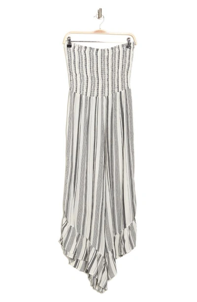 Shop Angie Stripe Smocked Strapless Jumpsuit In Black/ White