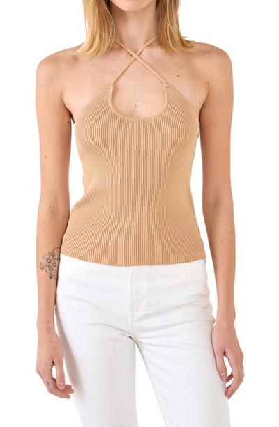 Grey Lab Crossover Rib Halter Tank In Nude
