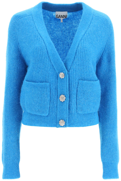 Shop Ganni Boxy Cardigan With Jewel Buttons In Blue