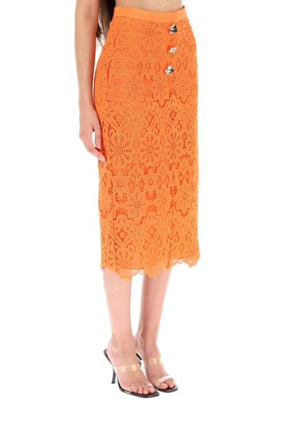 Shop Self-portrait Lace Midi Skirt With Golden Buttons In Orange