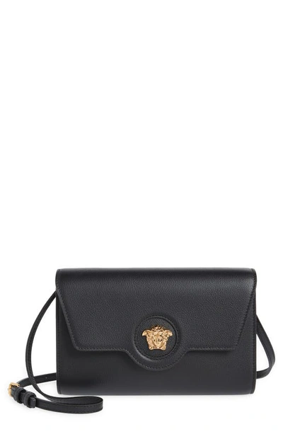 Shop Versace La Medusa Leather Wallet On A Strap In Black- Gold
