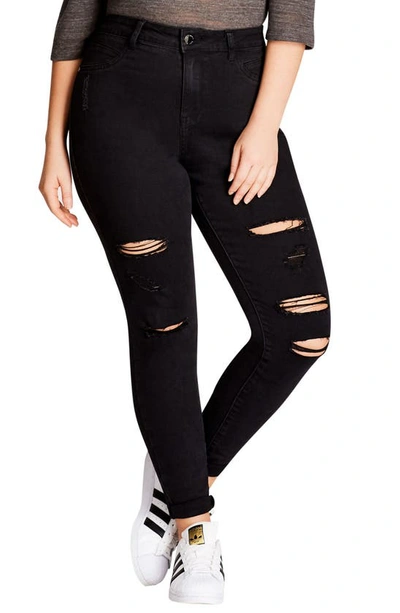 City Chic Rock 'n' Roll Destroyed Skinny Jeans In Black