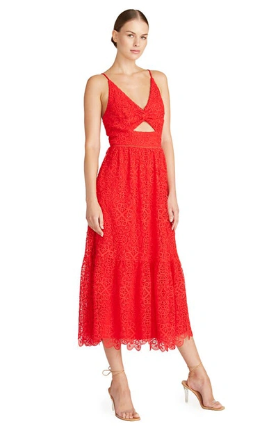 ml Monique Lhuillier Cutout Lace Midi Dress In Coral Red