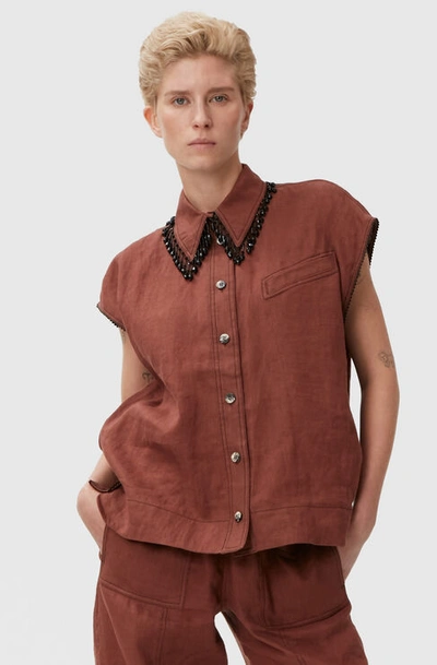 Shop Ganni Short Sleeve 100% Hemp Shirt With Beaded Fringes In Root Beer