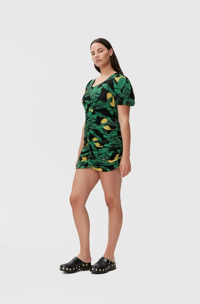 Ganni Printed Drapey Jersey Mini Dress In Black