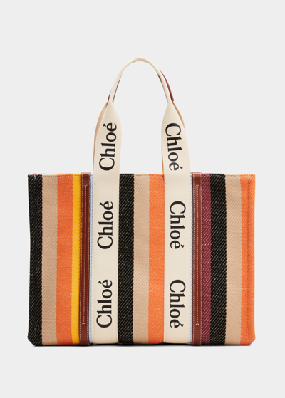 Shop Chloé Woody Large Striped Canvas Tote Bag In Multi Brown