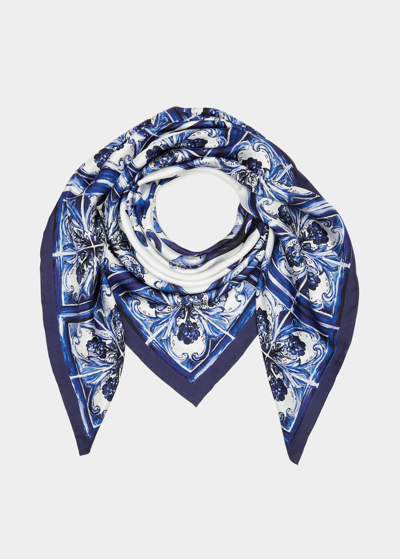 Shop Dolce & Gabbana Maiolica Twill Silk Scarf In Azulejos Natur