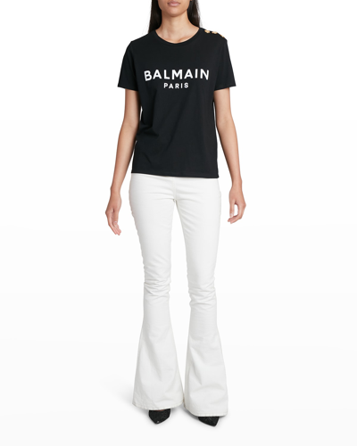 Shop Balmain 3-button Flocked Logo T-shirt In Black/white