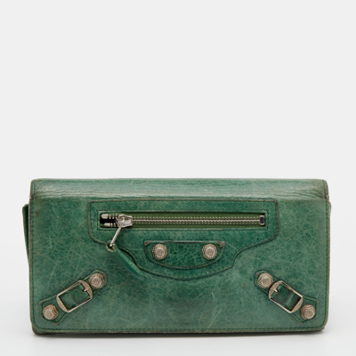 Pre-owned Balenciaga Vert Poker Leather City Flap Continental Wallet In Green