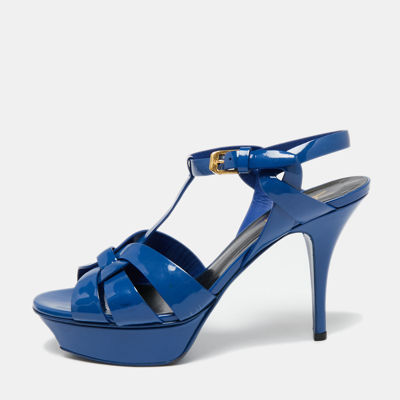 Pre-owned Saint Laurent Blue Patent Leather Tribute Platform Sandals Size 38