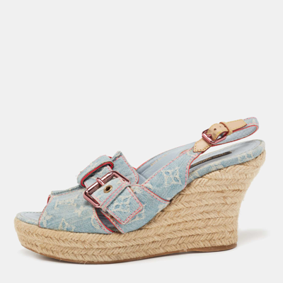 Pre-owned Louis Vuitton Light Blue Monogram Denim Espadrille Slingback Wedge Sandals Size 40