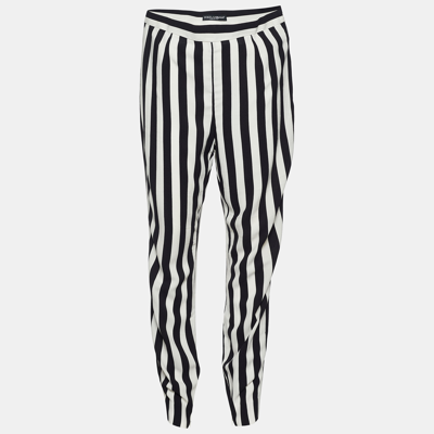 Pre-owned Dolce & Gabbana Monochrome Striped Crepe Tapered Trousers L In Black