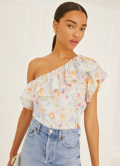 Shop Something Navy One Shoulder Ruffle Top In Blue Combo