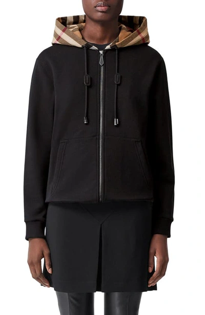 Shop Burberry Poulter Check Hood Cotton Zip Hoodie In Black