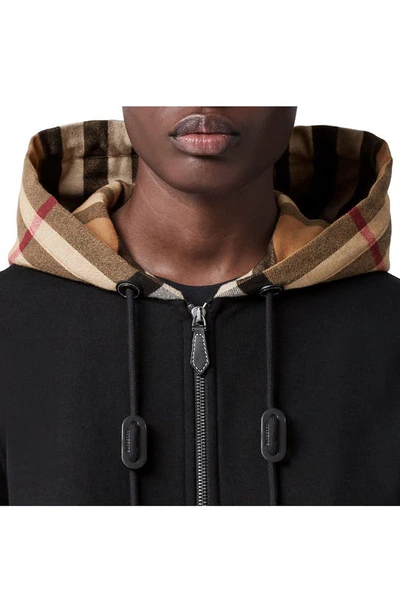 Shop Burberry Poulter Check Hood Cotton Zip Hoodie In Black