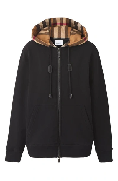 Shop Burberry Poulter Check Hood Cotton Zip Hoodie In Black
