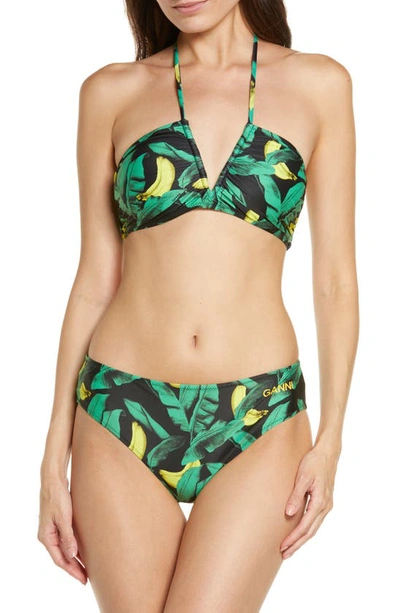 Shop Ganni Tropical Print Ruched Bikini Top In Banana Tree Black
