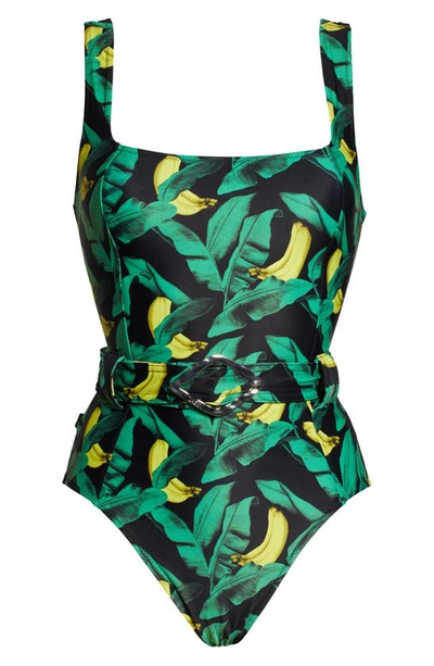 Shop Ganni Belted One-piece Swimsuit In Banana Tree Black