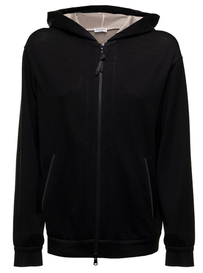 Shop Brunello Cucinelli Woman's Black  Cotton And Silk Hoodie With Monile Inserts
