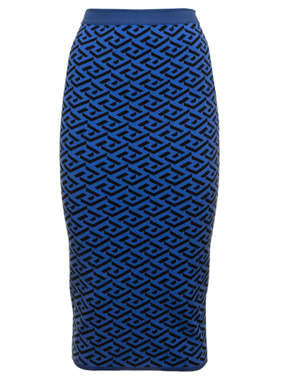 Shop Versace Woman's Blue Viscose Longuette Skirt With Jacquard Print