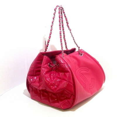 Chanel Pink Patent Vinyl Lipstick Ligne Large Accordion Tote Bag