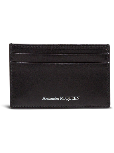 Shop Alexander Mcqueen Man's Black Leather Cardholder With Logo Print