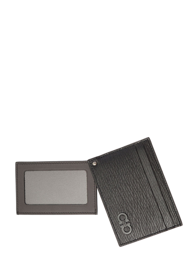 Shop Ferragamo Salvatore  Men's Revival Black Hammered Leather Card Holder With Logo