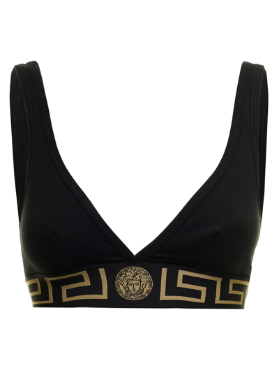 Shop Versace Woman's Black Stretch Cotton Top With Greek Insert Detail