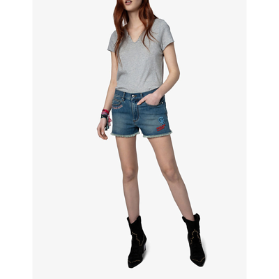 Shop Zadig & Voltaire Band Of Sisters Storm Embroidered Stretch-denim Shorts In Light Blue
