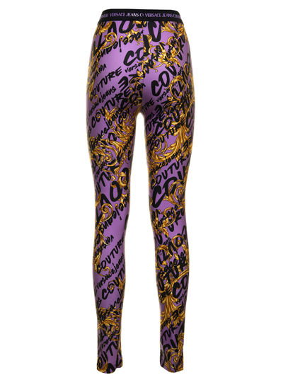 Shop Versace Jeans Couture Versae Jeans Couture Woman's  Stretch Fabric Leggings With Brush Logo Print In Violet