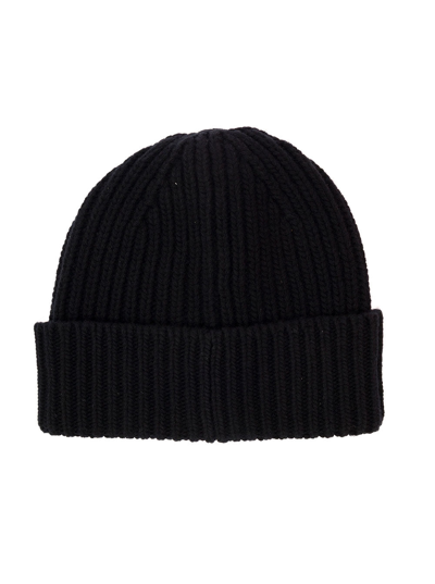 Shop Golden Goose Man's Ribbed Black Wool Hat With Logo