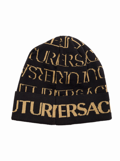 Shop Versace Jeans Couture Woman's Wool Blend Hat With Logo Print In Black