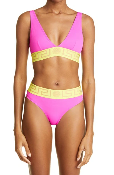 Shop Versace Greca Border Triangle Bikini Top In Fuchsia Yellow