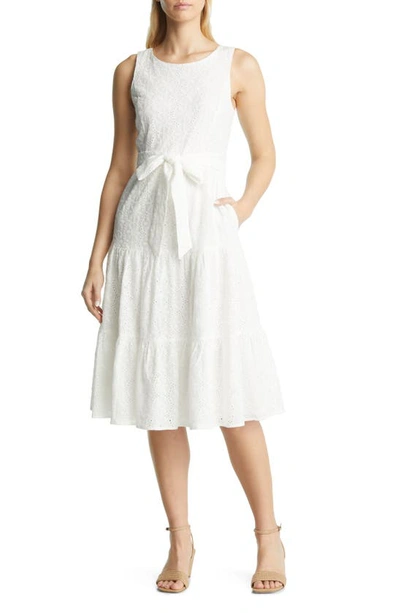 Shop Tahari Asl Sleeveless Eyelet Tiered Dress In Ivory