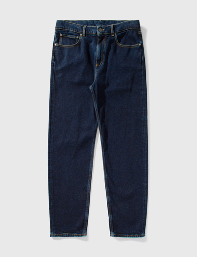 Shop Moncler Outline Logo Denim Trousers In Blue