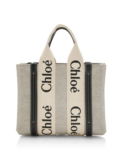 Shop Chloé Women's Small Woody Canvas Tote In White Blue