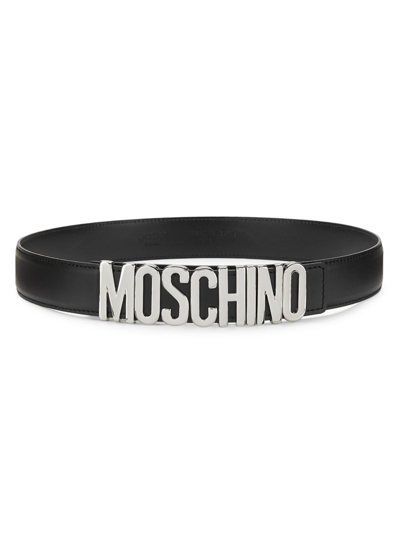 Shop Moschino Women's  Logo Leather Belt In Black Silver